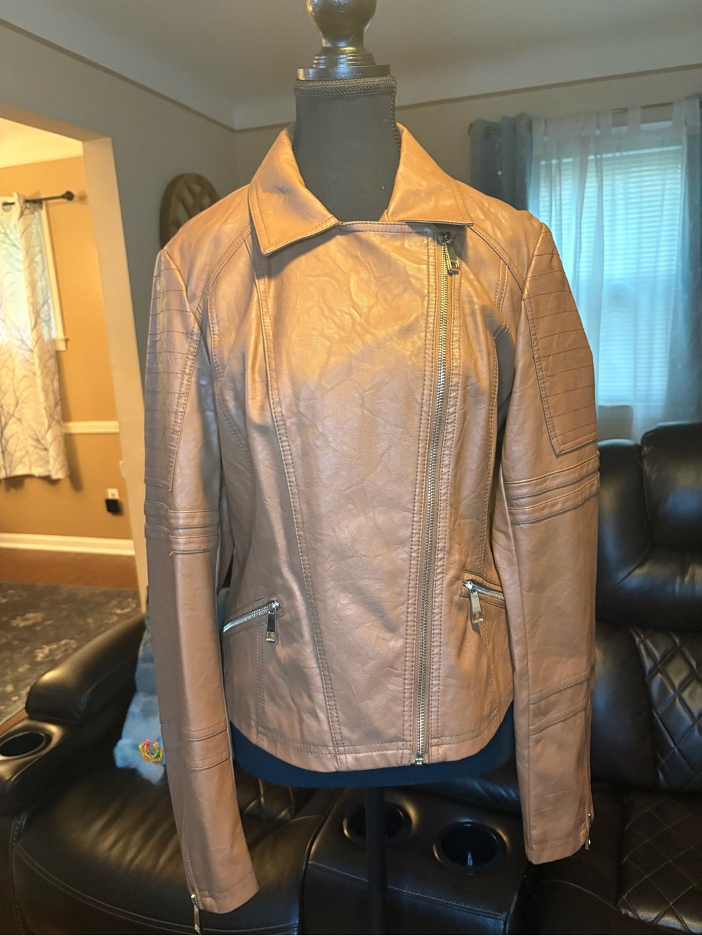 Womens Tan Faux Leather Moto Jacket Size Medium.